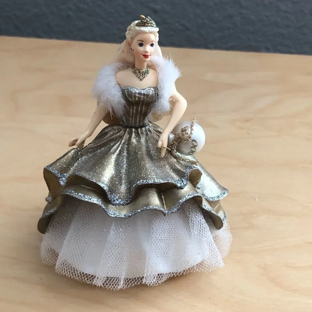 Vintage Y2K 2000 Barbie Hallmark Gold Flock Ornament Celebration Special Edition